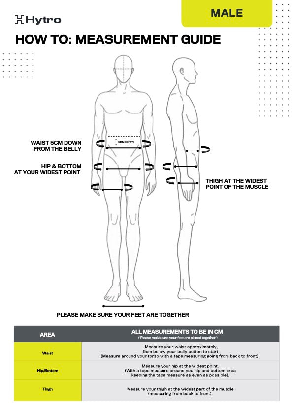Men's measurement guide - waist 5cm below the belly, hip and bottom at the widest point, thigh at the widest point of the muscle