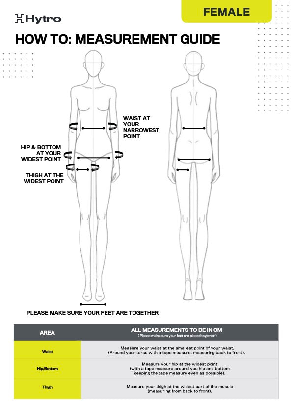 Women's measurement guide - waist at the narrowest point, hip and bottom at the widest point, thigh at the widest point